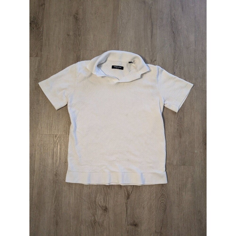 Kenneth Cole Mens Polo Shirt Size S White Short Sleeve ribbed cuffs sleeves hem